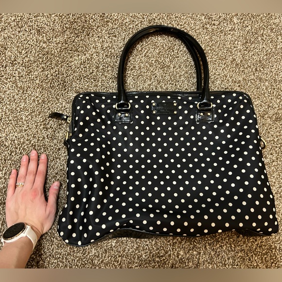 Kate Spade Calista Nylon Laptop Tote Bag, Leather Trim, Black Polka Dots - Picture 2 of 7
